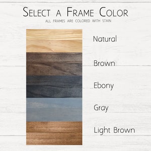 May include: Image showing a selection of frame colors: Natural, Brown, Ebony, Gray, and Light Brown. The text reads "Select a Frame Color" and "All frames are colored with stain."