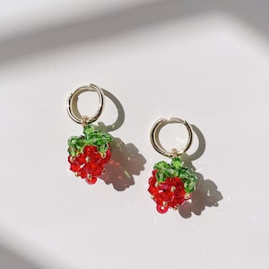 Crystal Strawberry Earrings | Glass beaded Dangle earrings | Fruit Earrings | 14k Gold Plated Hoop Earrings | Funny gift for girls