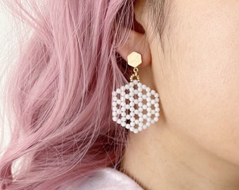 White Hexagon Drop Earrings, Geometric Earrings, Dangle Drop Earrings, White Earrings, Boho Chic Earrings, Cute Earrings, 14K Gold Earrings