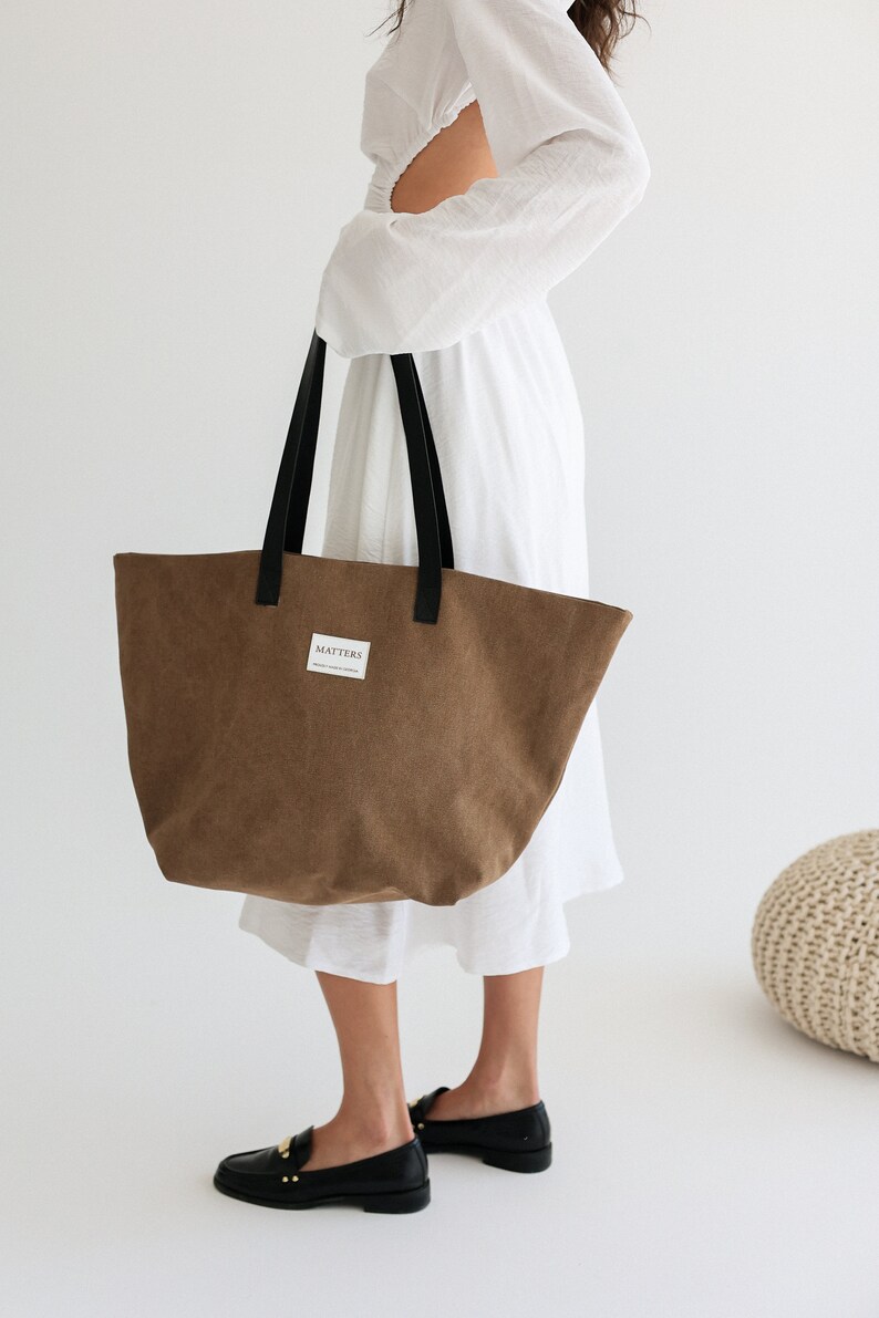 Oversized Canvas Tote Bag With Fauxleather Handle Sage Green Etsy