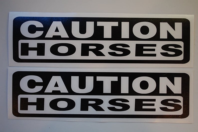 Caution Horses Stickers Vinyl Decals Set Of Two Choose Color and Size 1036Truck Trailer Horse Draft Mini Pony Cowboy X2V516 image 1