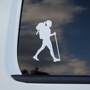 May include: White silhouette of a person hiking with a backpack and a walking stick on a dark blue background.