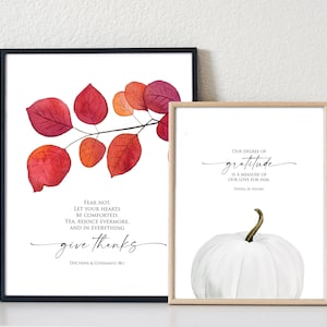 Set of 2 Watercolor LDS Thanksgiving Prints | Russell M Nelson Gratitude Quote | D&C 98:1 Give Thanks Scripture Quote | Fall Printable Decor