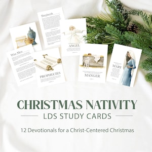 May include: A collection of Christmas Nativity LDS study cards with watercolor illustrations. The cards feature images of the Wise Men, Shepherds, Angel, Manger, Mary, and Prophecies. Text on the cards reads "Christmas Nativity LDS Study Cards" and "12 Devotionals for a Christ-Centered Christmas."