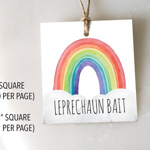 May include: A white square tag with a watercolor rainbow design in red, orange, yellow, green, blue, and purple. The text "LEPRECHAUN BAIT" is below the rainbow. The tag is 2 inches square and has a string for hanging.