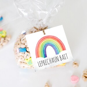 May include: A clear cellophane bag filled with cereal and marshmallows, tied with twine, and a tag that says "LEPRECHAUN BAIT." The tag features a watercolor rainbow design with clouds. Scattered cereal and marshmallows are visible.