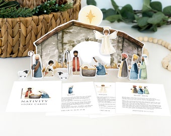 Paper Nativity Set with Scripture Story Cards | Printable Nativity Set for kids | Christian Christmas Printable | Nativity Story Cards