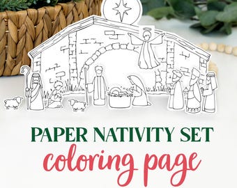 May include: A black and white paper nativity set with a star, angel, and various figures. The set includes a stable, shepherds, and the three wise men. The text "Paper Nativity Set" and "coloring page" are also visible.