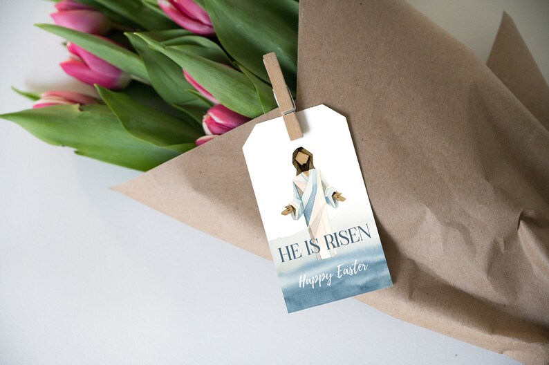 Printable Easter Tag, Religious Easter Tag, He is Risen Tag, Jesus Christ Tag, Resurrection Day, Easter Gift Tag, Christian Easter Favor image 2