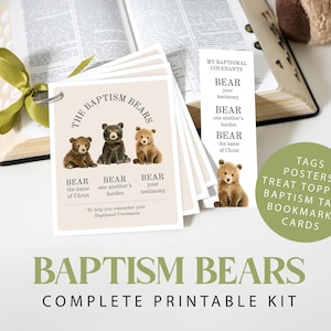 May include: A set of printable cards titled The Baptism Bears featuring illustrations of three brown bears. The cards include text about baptismal covenants and are bound with a green ribbon. A separate bookmark shows a bear and the text My Baptismal Covenants.