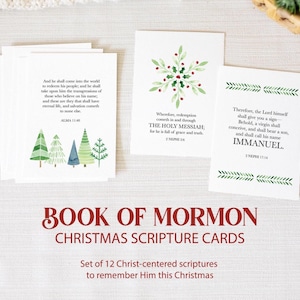 Puede incluir: Un conjunto de tarjetas navideñas blancas con textos del Libro de Mormón. Cada tarjeta presenta una escritura diferente y está decorada con ilustraciones de acuarela de árboles de Navidad y un copo de nieve. Las tarjetas están diseñadas para recordar a Cristo esta Navidad.