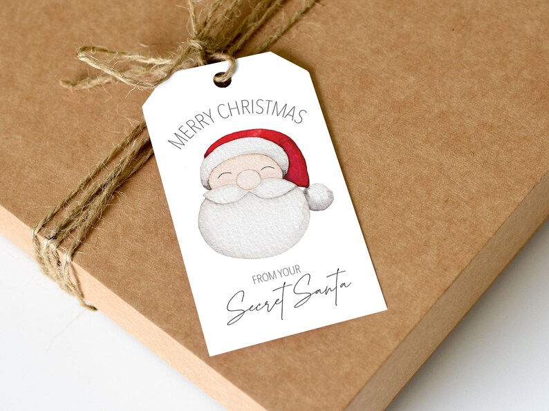 May include: White gift tag with a watercolor illustration of Santa Claus's face. The tag says "Merry Christmas" and "From your Secret Santa".