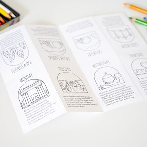 May include: A black and white printable coloring book with illustrations and text about the events of Holy Week. The days of the week are listed on each page, including Palm Sunday, Monday, Tuesday, Wednesday, Thursday, and Friday.