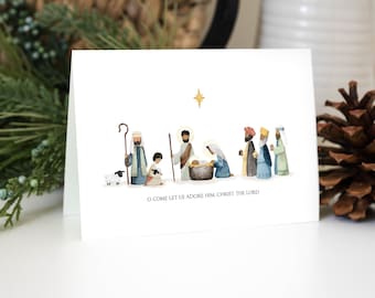 Tarjeta de Natividad imprimible / Tarjeta de Navidad cristiana / Tarjeta de felicitación navideña / Sagrada Familia / Tarjeta de Navidad religiosa / Ven, déjanos adorarlo