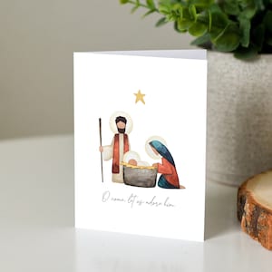 Aquarell Krippe, druckbare Karte, Weihnachtskarte, Feiertagsgrußkarte, Heilige Familie, Krippenkarte, sofortiger Download, lassen Sie uns ihn anbeten