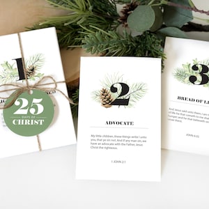 Tarjetas imprimibles de 25 días de Cristo / Calendario de Adviento de Nombres de Cristo / Adviento de Navidad cristiana / Cuenta regresiva de tarjetas de Escritura de Navidad