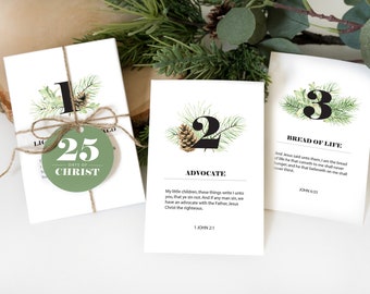 Printable 25 Days of Christ Cards | Names of Christ Advent Calendar | Christian Christmas Advent | Christmas Scripture Card Countdown