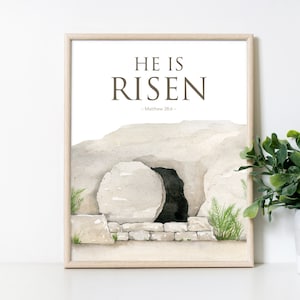 Hij is verrezen afdrukken | Christelijke Paaskunst | Religieus paasdecor | Lege grafafdruk | LDS-kunst | Paasdecoratie | Jezus' opstanding kunst