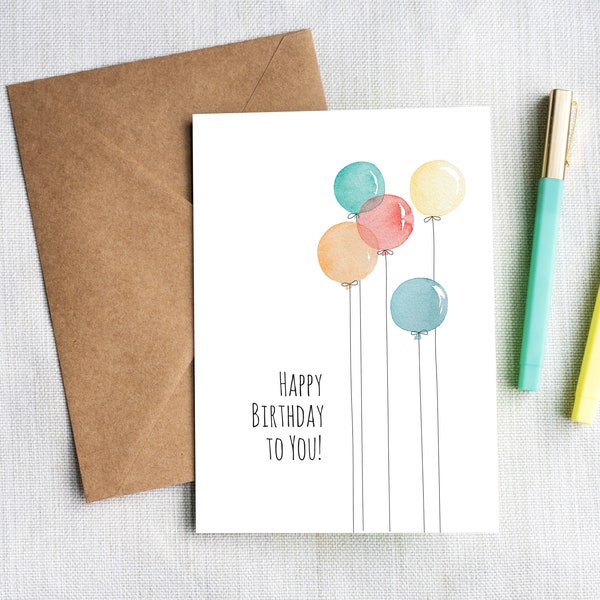 Printable Birthday Card | Happy Birthday Card | Watercolor Balloons | Balloons Birthday Card | Simple Birthday Card | Digital Birthday Card