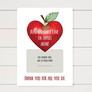 Waardering van leraren, cadeaukaarthouder, leraren kunnen niet alleen van appels leven, lerarencadeaukaart, dank voor leraren, lerarencadeau