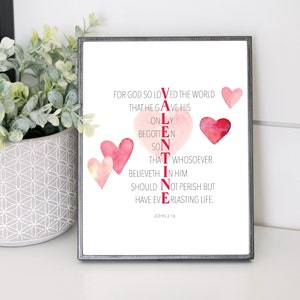 Juan 3:16 / Versículo bíblico imprimible Decoración del Día de San Valentín / Escritura San Valentín / Impresión del Día de San Valentín de la Iglesia / Tarjeta cristiana de San Valentín