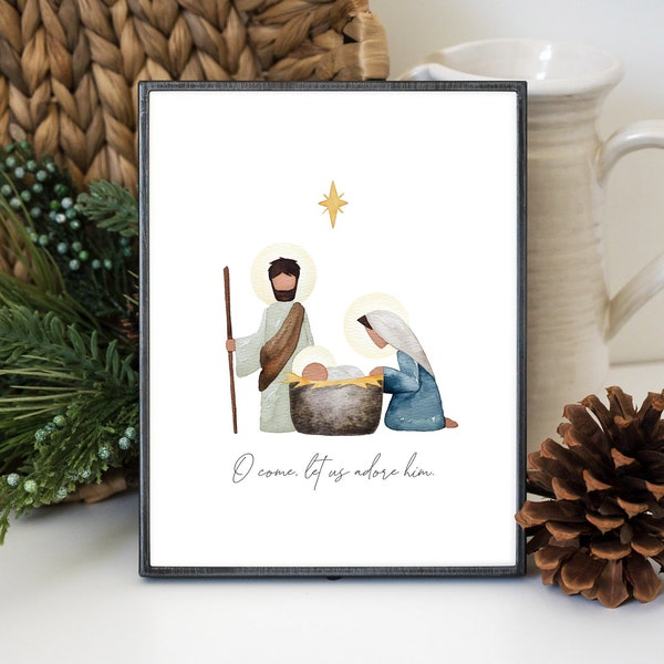 Impresión de acuarela de la Natividad / Decoración navideña cristiana de la Sagrada Familia (Descarga digital)