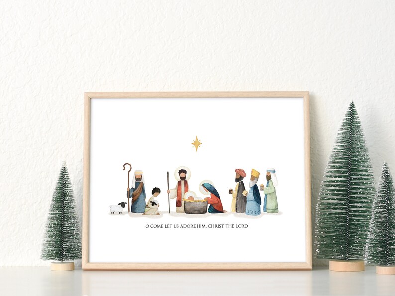 May include: A watercolor painting of the nativity scene with a gold star above the manger. The painting features Mary, Joseph, baby Jesus, a shepherd, three wise men, and a sheep. The text below the scene reads "O come let us adore him, Christ the Lord."