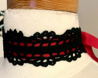 Black Crochet Choker with Satin Ribbon | Adjustable Cotton Choker / Necklace - ready to order