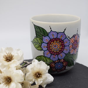 Cup/ mug &quot;Flowerpower&quot;, hand-painted with flowers in light blue and orange, dot painting, dotting, 400 ml