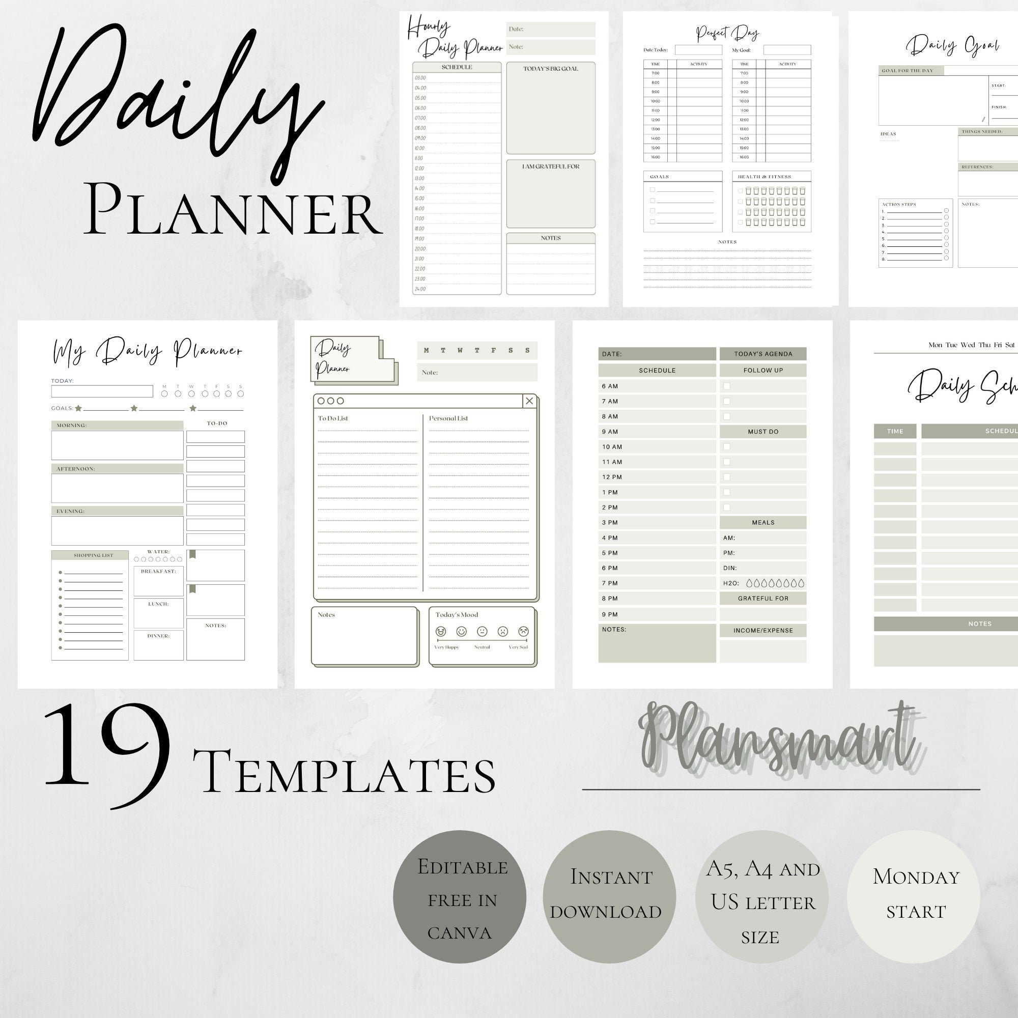 Printable daily planner templates Canva customizable planner Etsy