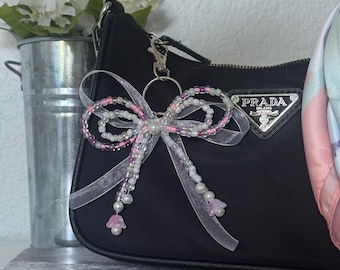 Pink Bow Bag Charm – Hand-Beaded Coquette Keychain, Silver Hardware