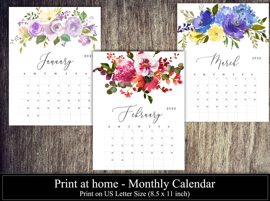 2022 floral calendar 2022 printable monthly calendar etsy
