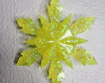 Christmas Snowflake Ornament - Lime Yellow Iridescent Chunky Glitter Flakes