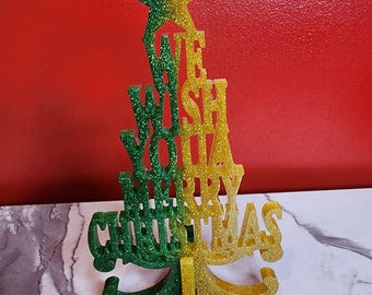 Yellow/Green Glitter “We Wish You a Merry Christmas” Resin Tree