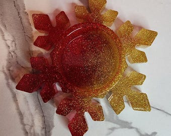 Red/Gold Glitter Resin Snowflake Tealight Holder