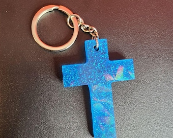 Blue Holographic Cross Keychain