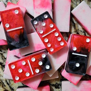 Deluxe Resin Domino Set with Matching Box — Red, Black & White Ink-Swirl Edition