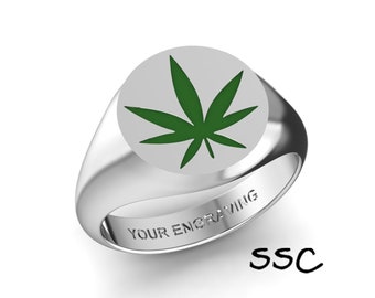 Sterling Silver Marijuana Leaf Signet Ring, Custom Enamel, Free Engraving