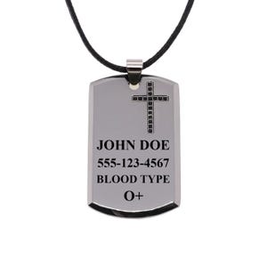 Rhodium Plated Stainless Black CZ Cross Dog Tag Pendant Necklace