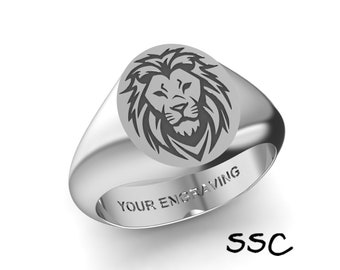 Sterling Silver Oval Lion Signet Ring, Free Engraving