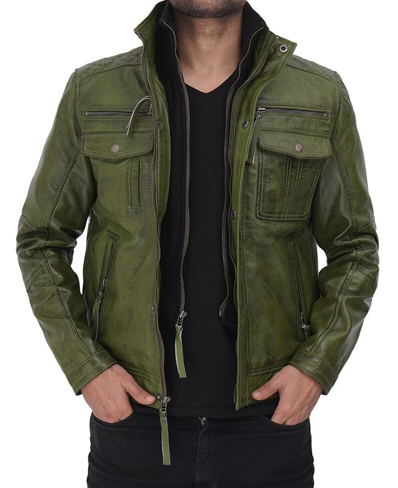 Handmade Men's Green Distressed Leather Jacket Free Etsy