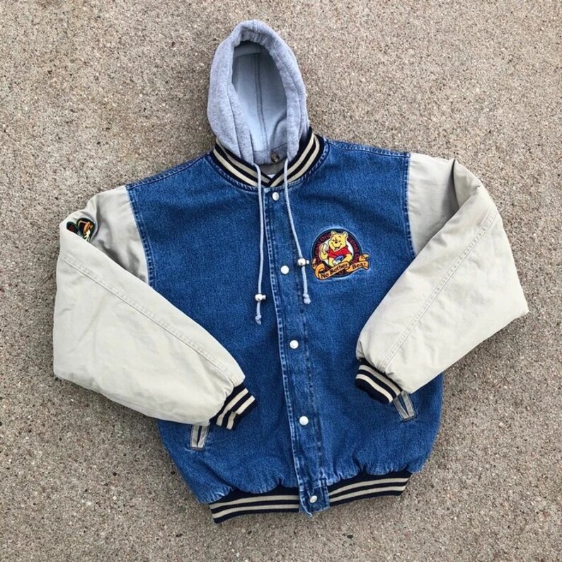 Men's Blue Denim Hooded Varsity Jacket L Pooh Denim Hooded Etsy