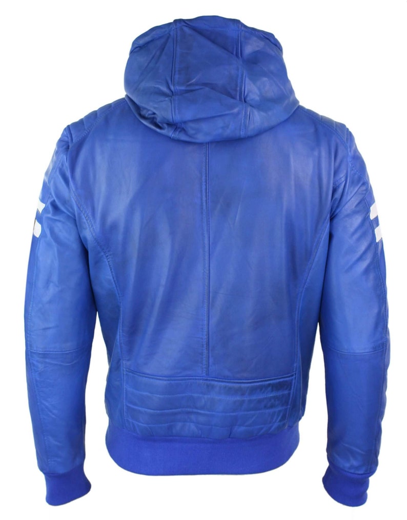 Mens Realy Leather Bomber Jacket With Hoodblue Free Etsy
