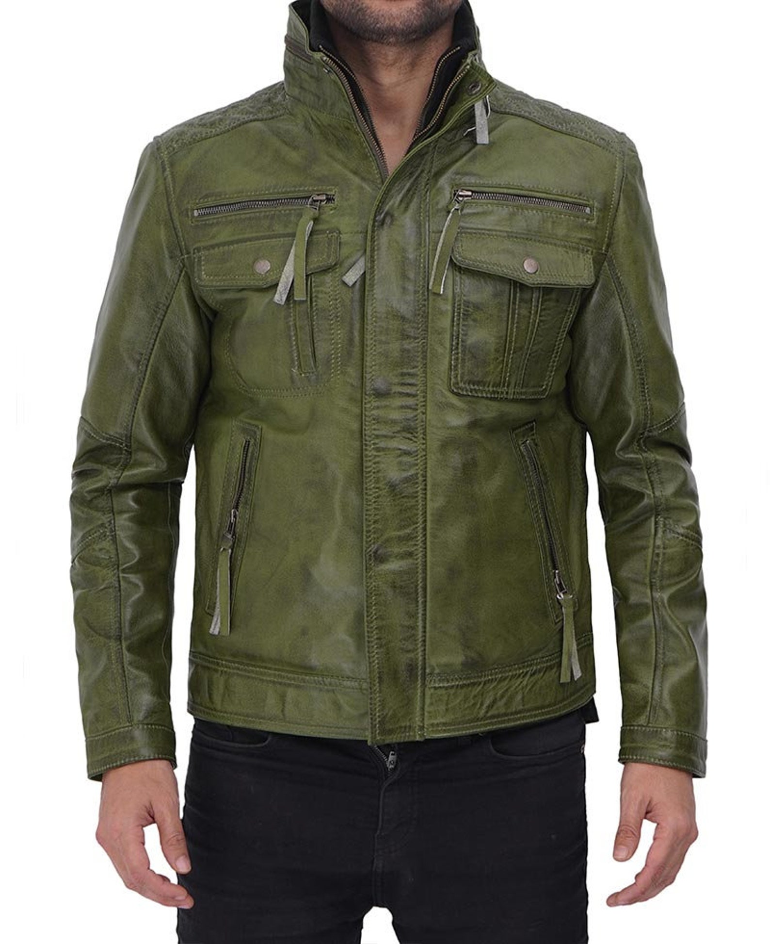Handmade Men's Green Distressed Leather Jacket Free Etsy