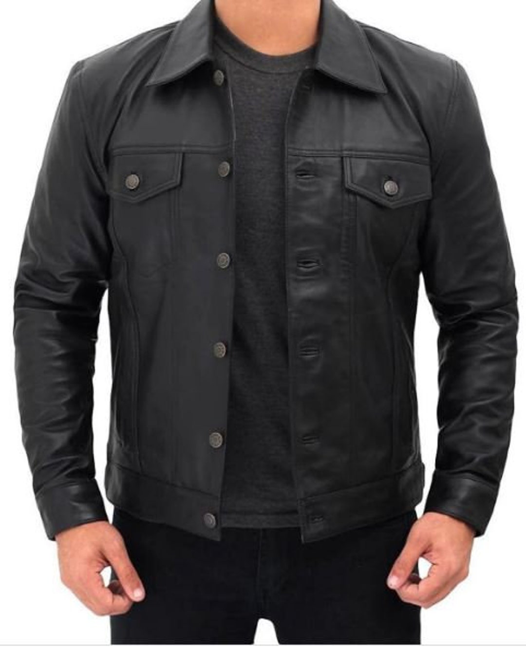 Men's Black Trucker Shirt Style Lambskin Leather Jacket - Etsy