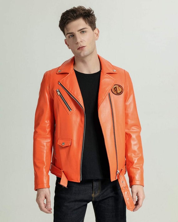 Men's Orange Lambskin Motorcycle 