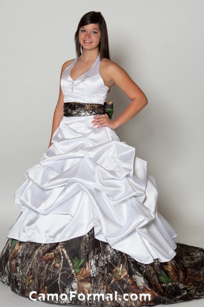 Halter White Wedding Gown, With Camo Your Choice Train Mossy Oak