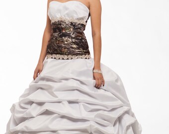 White and Mossy Oak Wedding Gown with Pickups and Train, Size 8