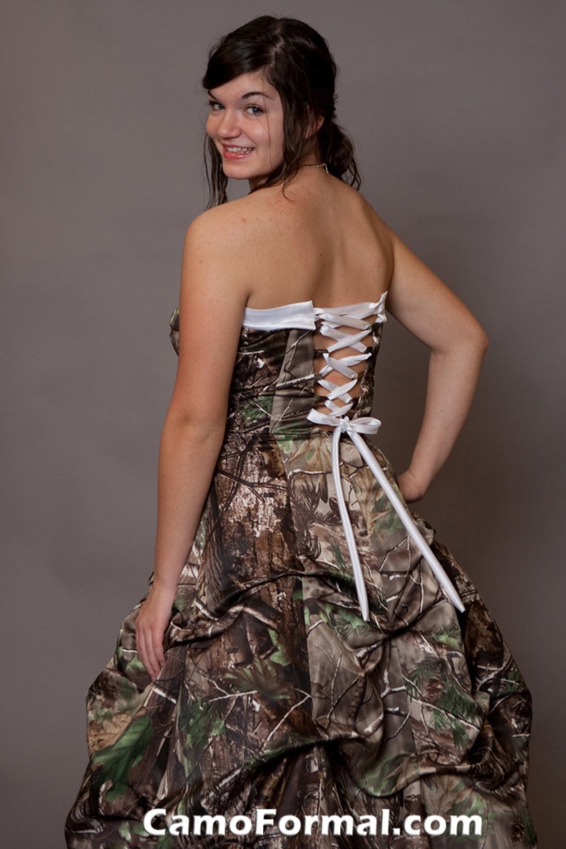 Different Prints Available: Strapless Satin Camo Wedding Gown with Tulle, No Train image 4