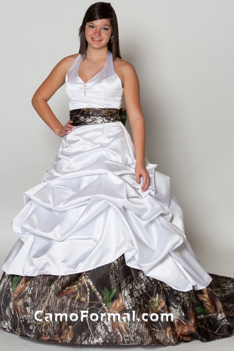 Halter White Wedding Gown, With Camo Your Choice Train image 4